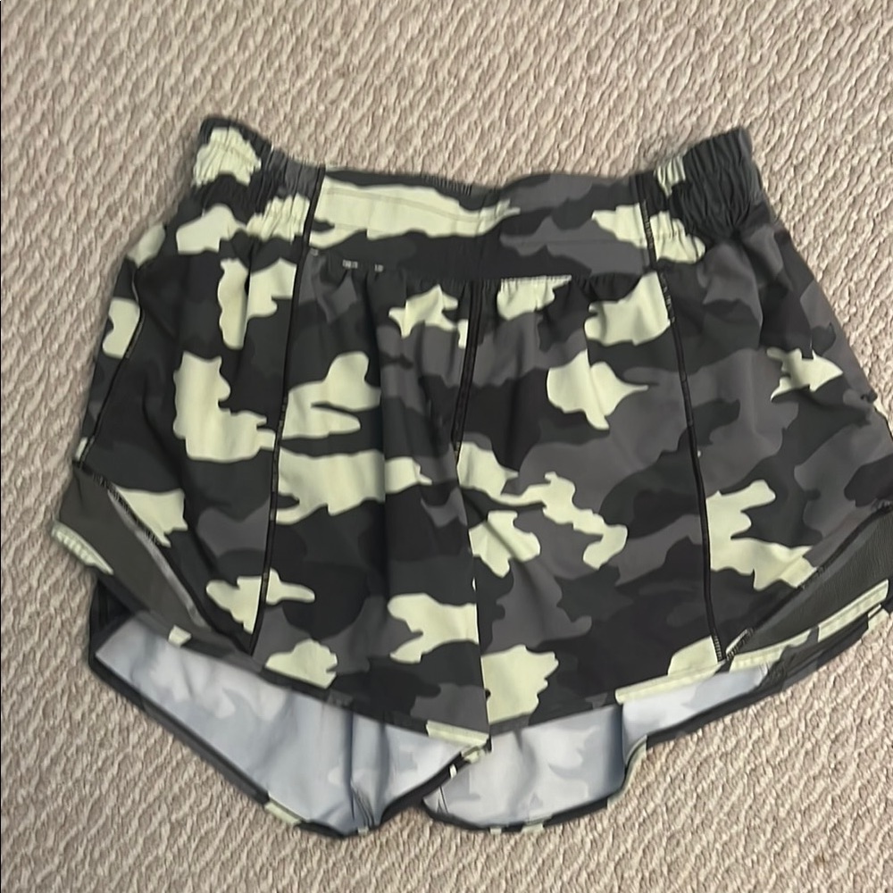 Lululemon Athletica Black, Gray, and Lime Camo Athletic Shorts